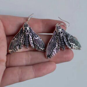 Gothic Silver Toned Moth Skull Earrings Goth Scary Halloween Punk